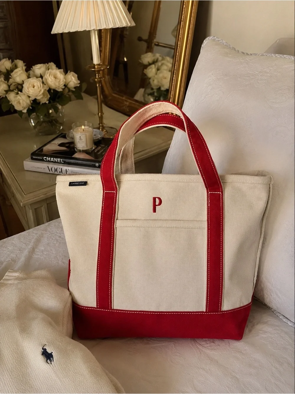 Lands’ End Canvas Tote Bag ❤️🤍 Monogram “P” | Natural & Heritage Red